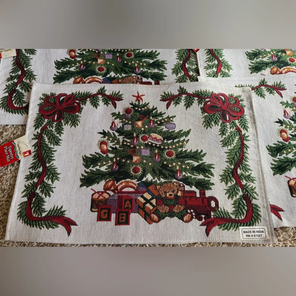 Vintage Holiday Tree Tapestry New Table Placemats with Red and Green Accents